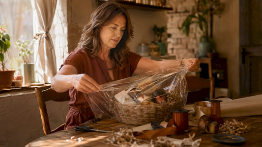 Woman wrapping gift hamper with cellophane