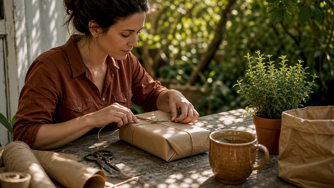 Eco-conscious parent wrapping gift with natural materials
