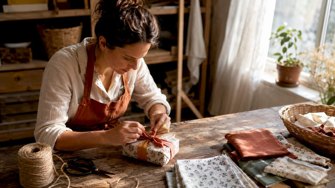 Woman wrapping gift with reusable fabric