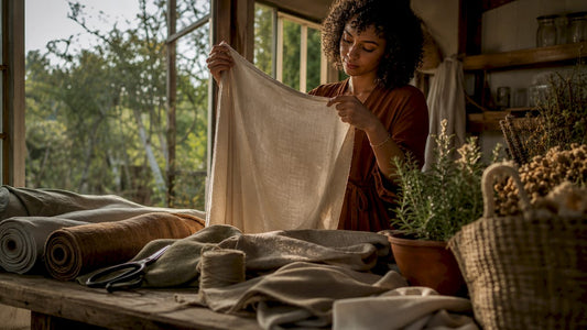 Woman selecting organic cotton fabric for gift wrap