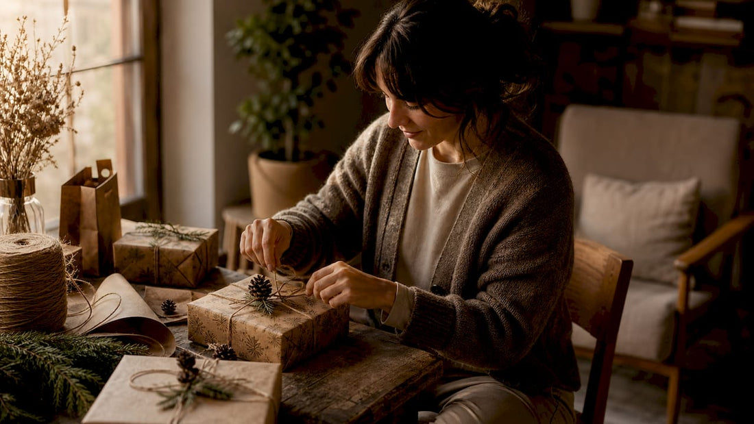 Woman arranging eco-friendly Christmas gifts