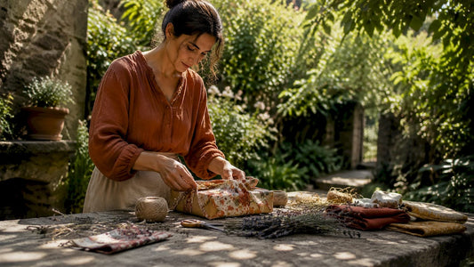 Woman folding fabric for eco gift wrap on wooden table