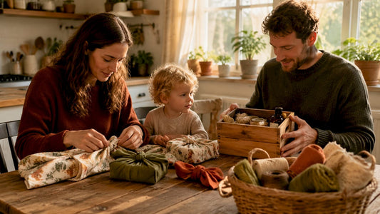 UK family wrapping eco-friendly gifts with reusable wrap