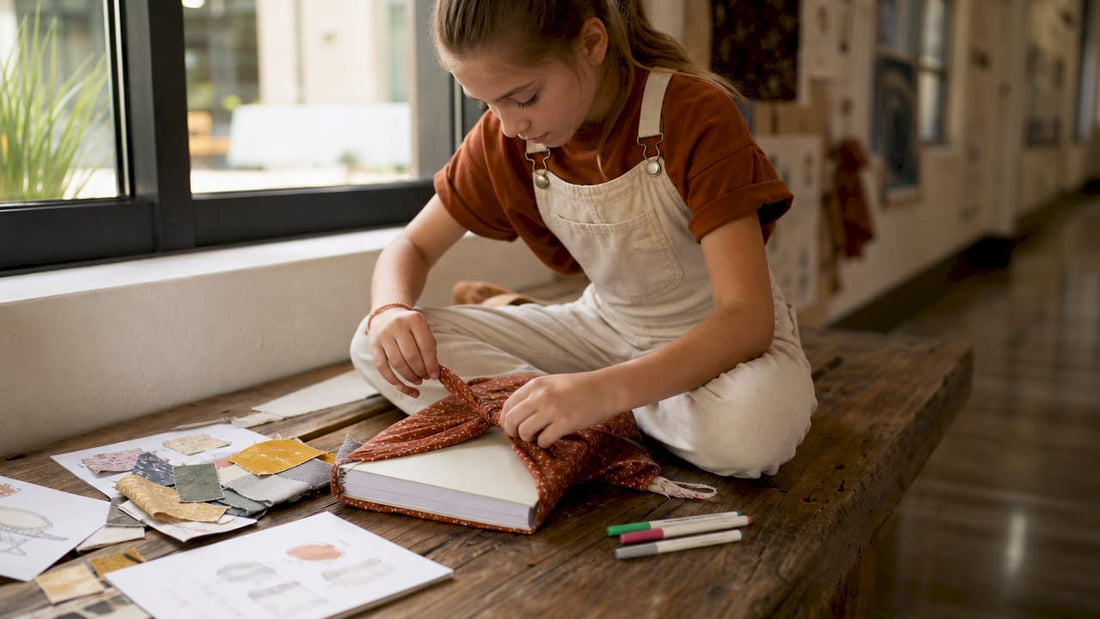 Girl tying fabric knot wrap on school project