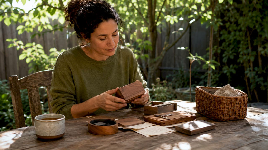 Woman browsing personalised keepsake gifts at home table