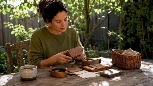 Woman browsing personalised keepsake gifts at home table