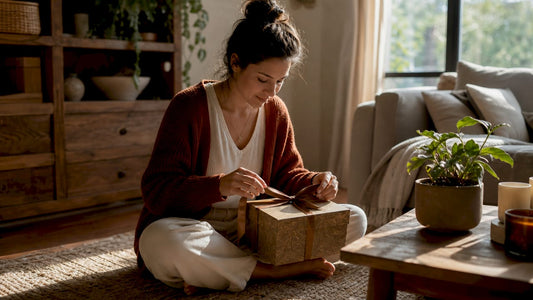 Woman untying ribbon on luxury gift box
