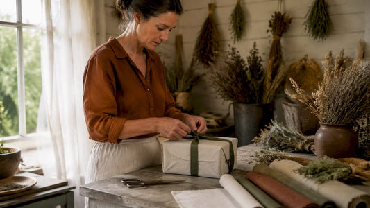 Woman tying ribbon on fabric-wrapped gift