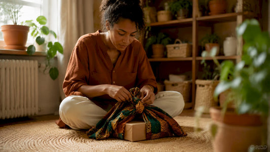Woman wrapping gift with heritage fabric at home