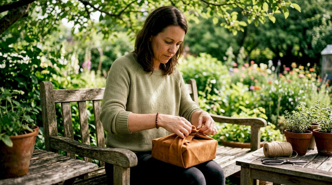 Woman wrapping gift with reusable keepsake fabric wrap