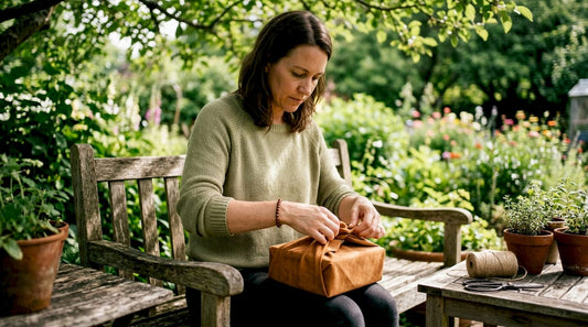 Woman wrapping gift with reusable keepsake fabric wrap