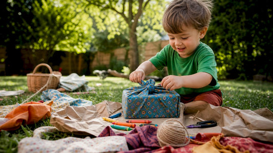Toddler wrapping gift with fabric and crayons