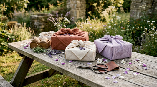 Baby shower gifts wrapped in organic fabric