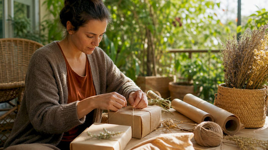 Woman wrapping gifts with green packaging materials