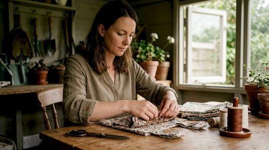 Woman arranging reusable fabric gift bags