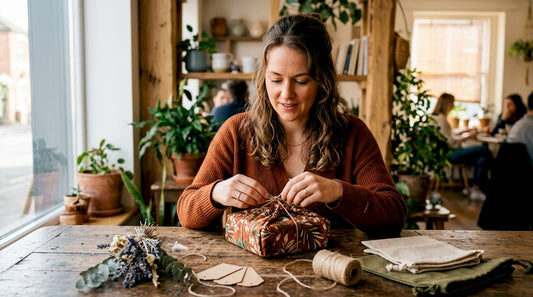 Woman wrapping eco-friendly gift at home