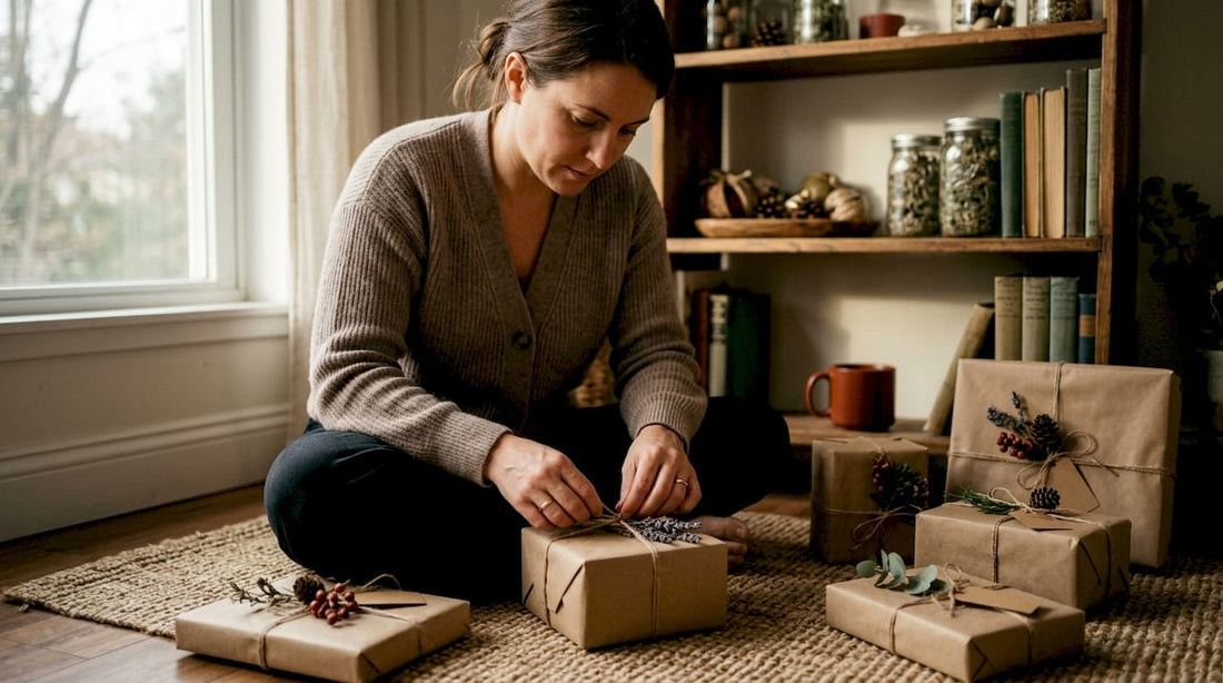 Woman arranging sustainable Christmas gifts