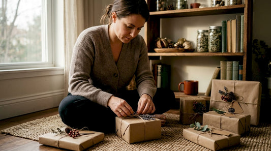 Woman arranging sustainable Christmas gifts
