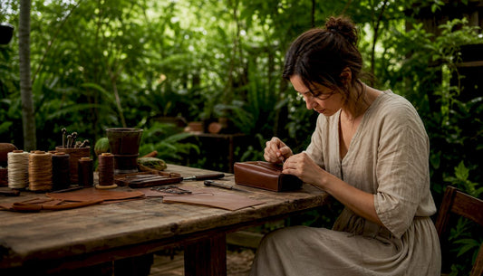 Artisan handcrafting luxury leather gift in workshop