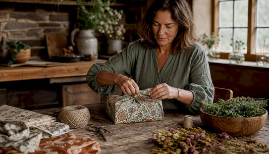 Woman wrapping gift with limited edition fabric wrap at home