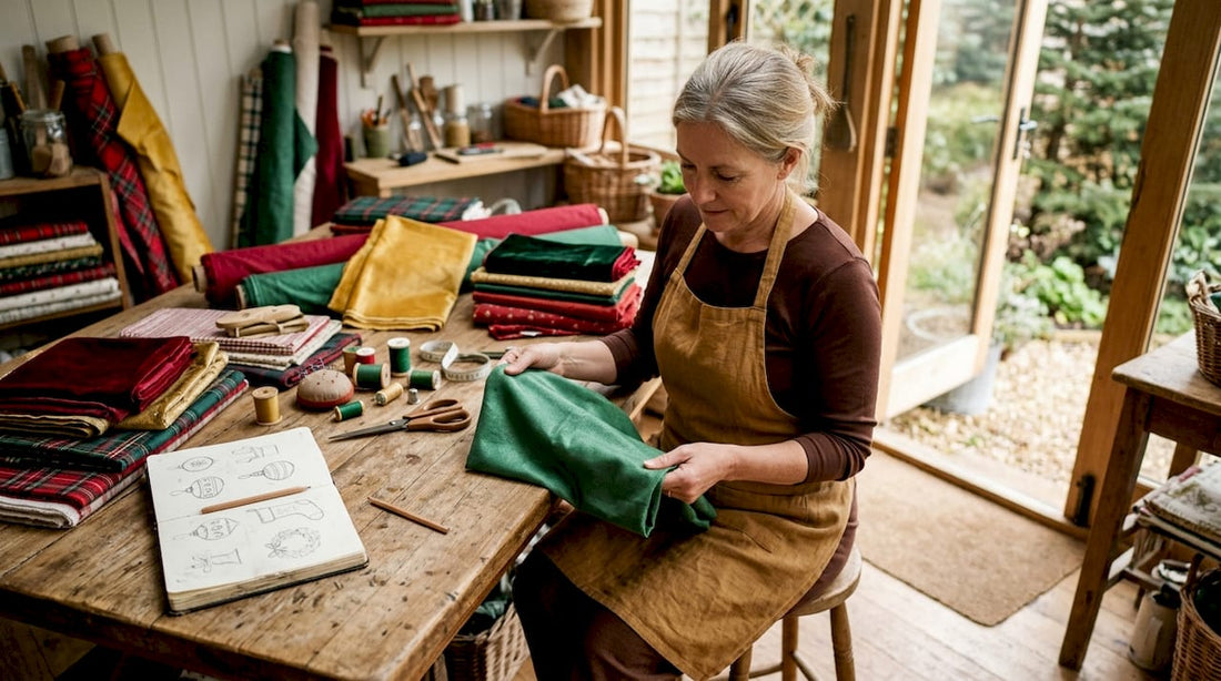 Woman examining Christmas fabrics at home table