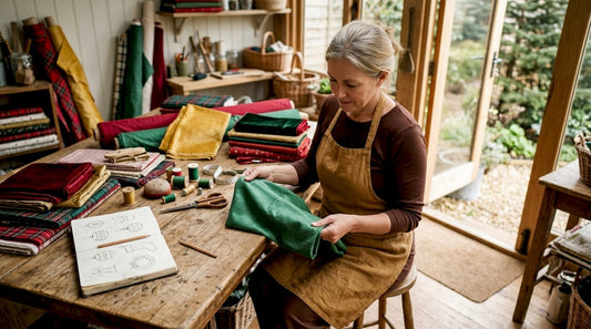 Woman examining Christmas fabrics at home table