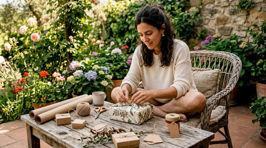 Woman wrapping sustainable eco-friendly gift at desk