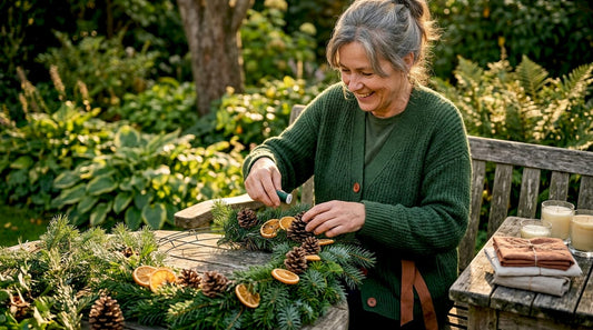 Woman decorating home with sustainable Christmas wreath