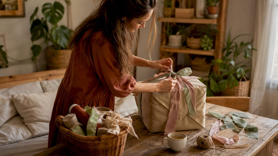 Woman wrapping baby gift with pastel fabric wraps