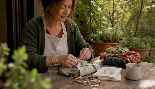 Woman arranging eco-friendly reusable gifts on table