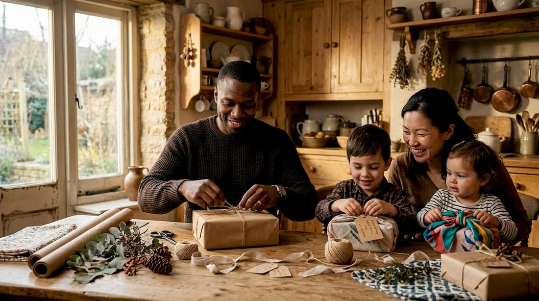 Family wrapping ethical holiday gifts together