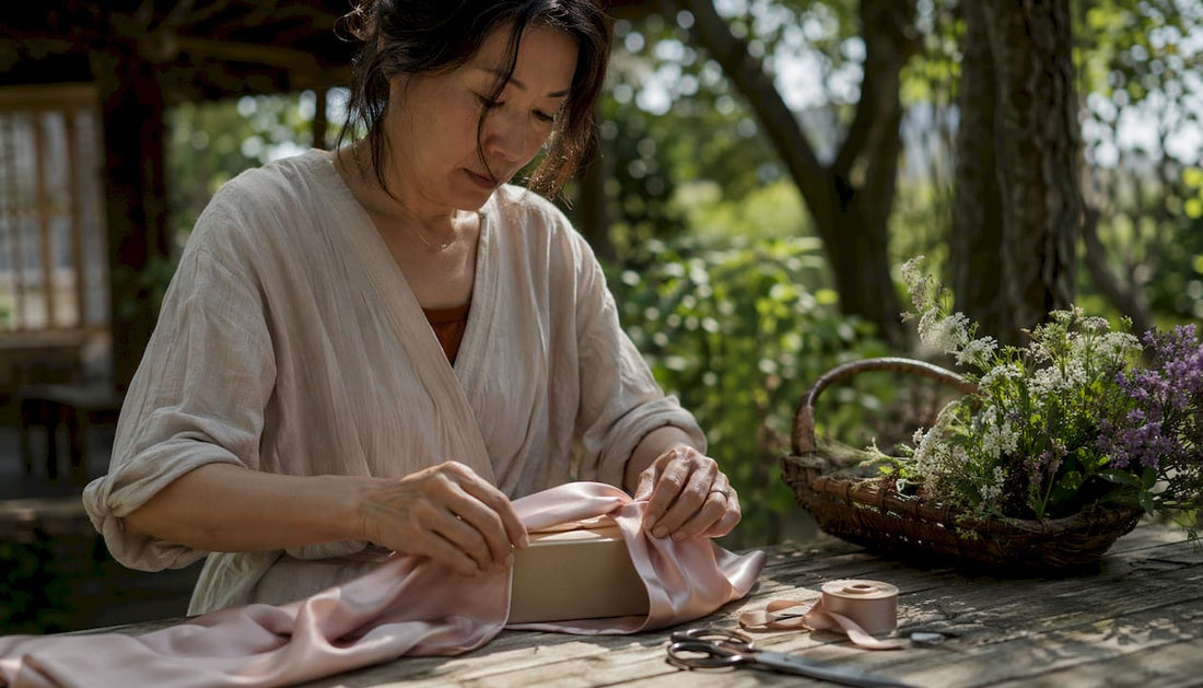 Woman folding silk around gift box on wooden table