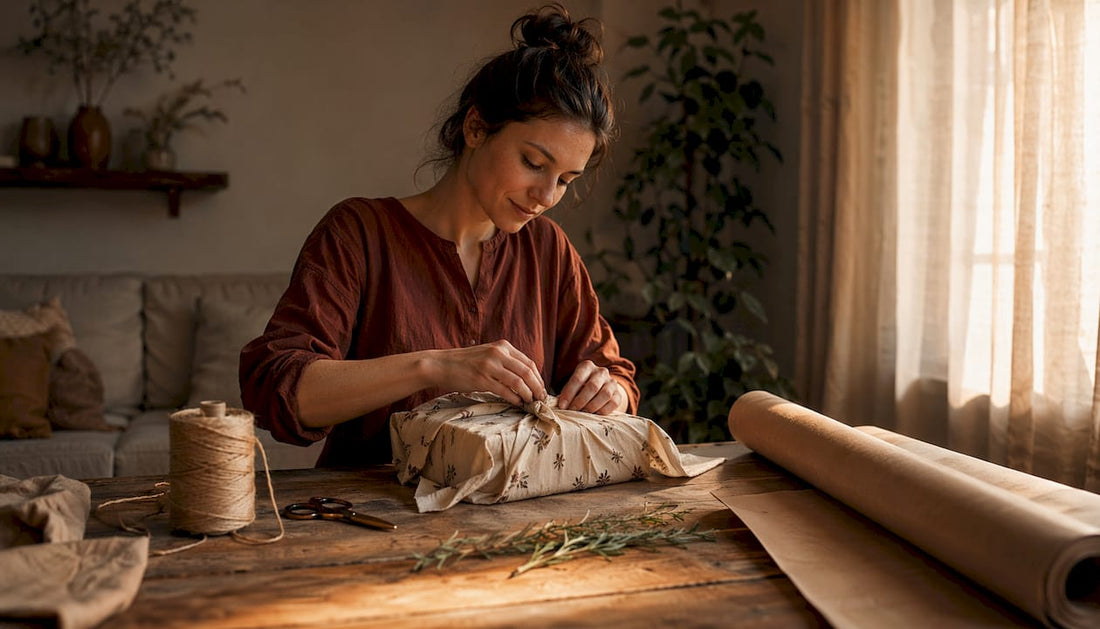 Woman wrapping gift with fabric wrap at home table