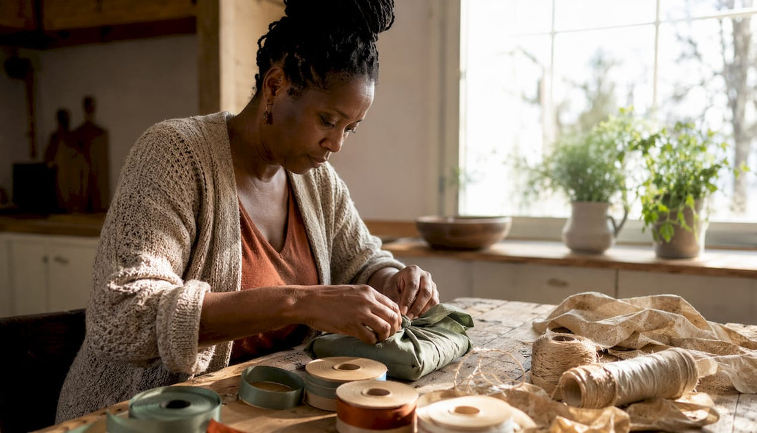 Woman wrapping gift sustainably at kitchen table