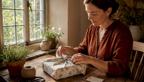 Woman wrapping newborn gift with fabric wrap