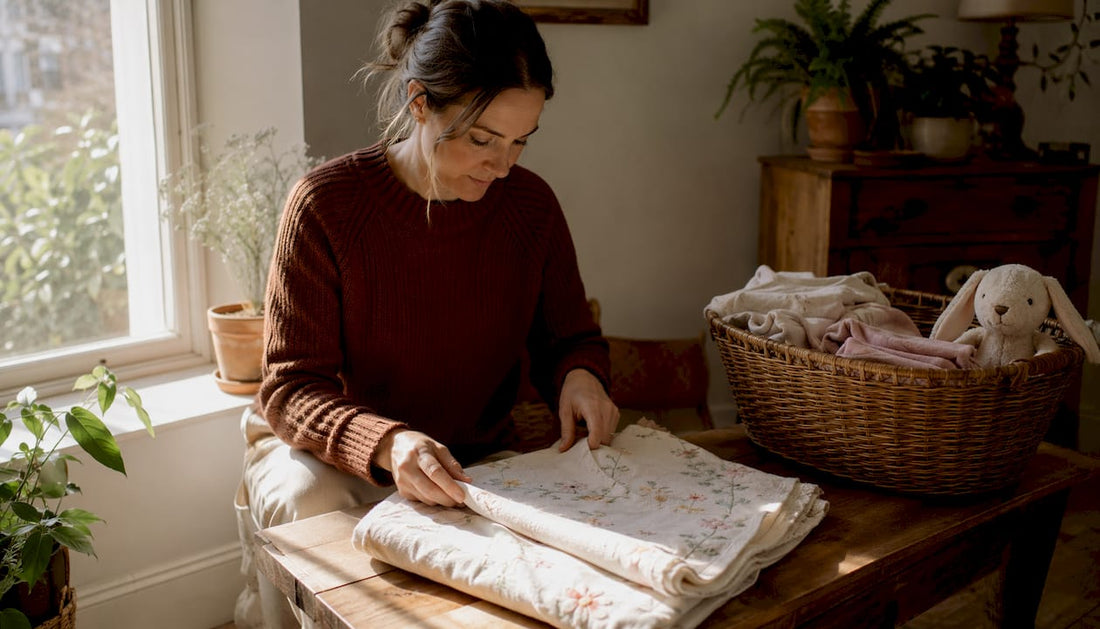 Woman folding embroidered baby blanket in nursery