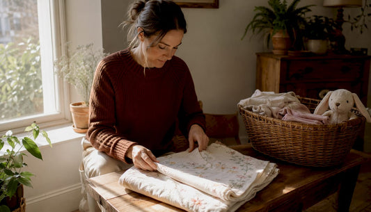 Woman folding embroidered baby blanket in nursery