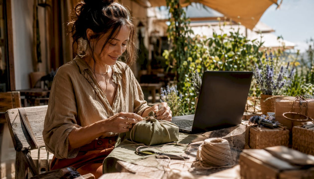 Woman wrapping eco-friendly holiday gift at home