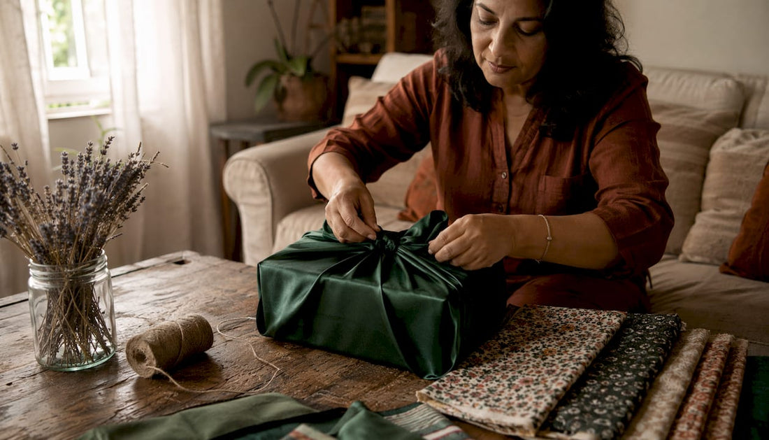 Woman tying silk fabric on gift box in kitchen