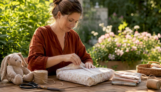 Woman wrapping newborn gift with fabric wrap