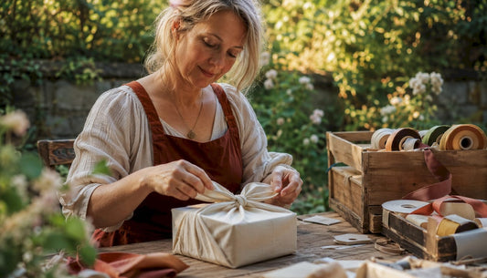 Artisan wrapping a gift with fabric in workshop