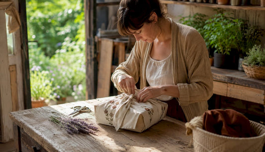 Artisan wrapping gift with personalised cotton cloth