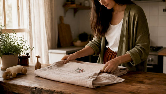 Woman folding personalised child-friendly fabric wrap in nursery