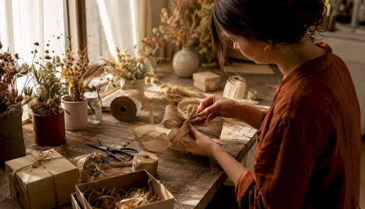 Hands making eco-friendly luxury fabric gift bow