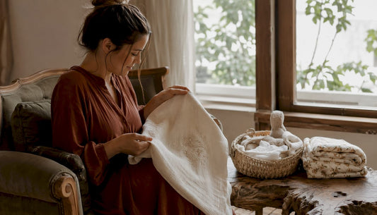 Mother unfolding embroidered baby wrap in nursery