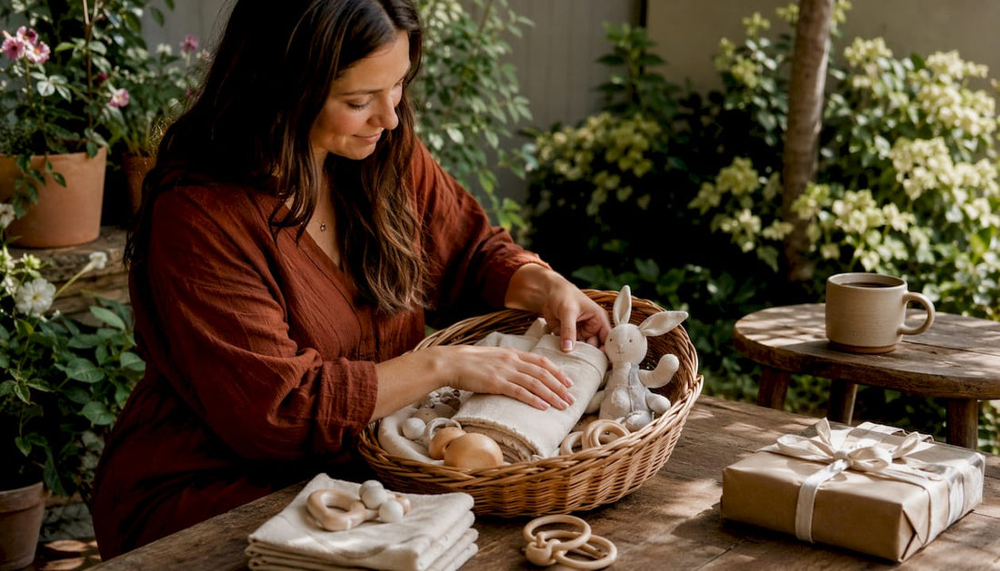 Woman arranging eco-friendly baby gifts on table
