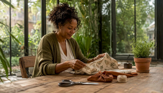 Woman inspecting bespoke reusable gift wrap fabric