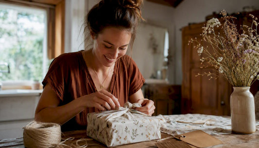 Woman mindfully wrapping baby shower gift at home