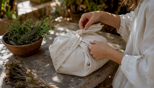 Hands tying bespoke embroidered fabric wrap