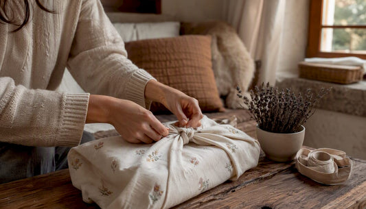 Hands wrapping newborn gift with fabric wrap